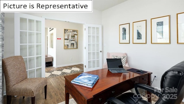 home office with baseboards, french doors, and wood finished floors