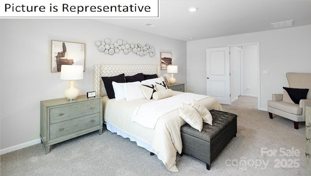bedroom with baseboards, visible vents, and light carpet