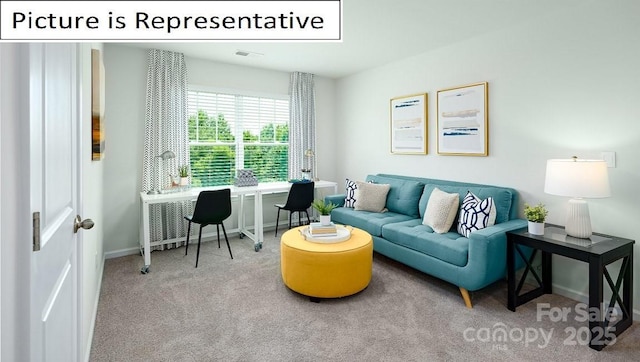 carpeted living room with baseboards and visible vents