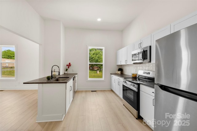 kitchen with dark countertops, a sink, stainless steel appliances, a peninsula, and backsplash