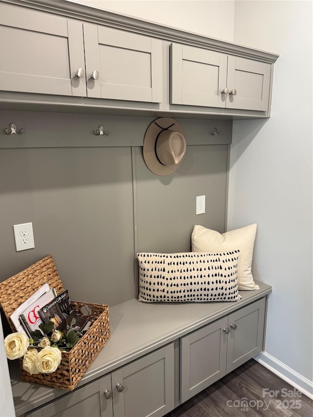 mudroom featuring baseboards and dark wood-type flooring