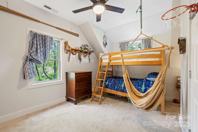 102 Altamahaw Ave, Black Mountain, NC 28711 - bedroom featuring carpet flooring, baseboards, vaulted ceiling, and a ceiling fan