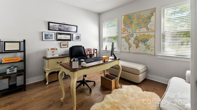 home office featuring baseboards, plenty of natural light, and wood finished floors
