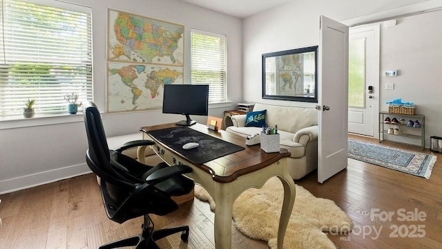 office area featuring baseboards and hardwood / wood-style flooring