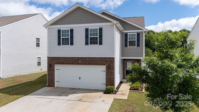 view of front of home with an attached garage, brick siding, driveway, and a front yard