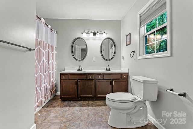 3690 Birchwood Ln, Denver, NC 28037 - full bathroom with toilet, baseboards, double vanity, and a shower with shower curtain