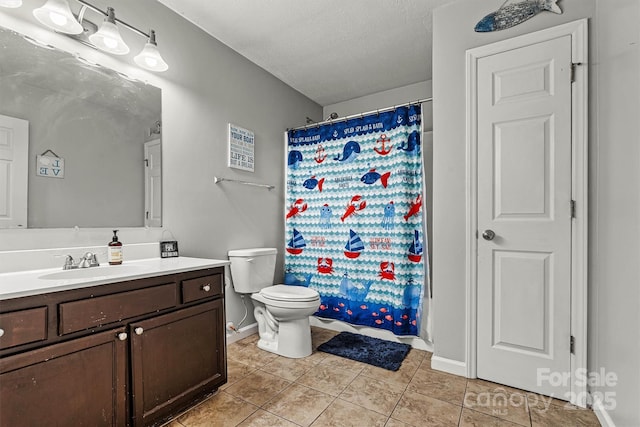 3690 Birchwood Ln, Denver, NC 28037 - full bathroom featuring vanity, toilet, tile patterned flooring, curtained shower, and a textured ceiling