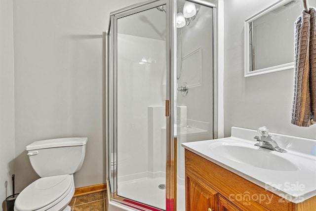 3690 Birchwood Ln, Denver, NC 28037 - full bath featuring a shower stall, vanity, toilet, tile patterned floors, and baseboards