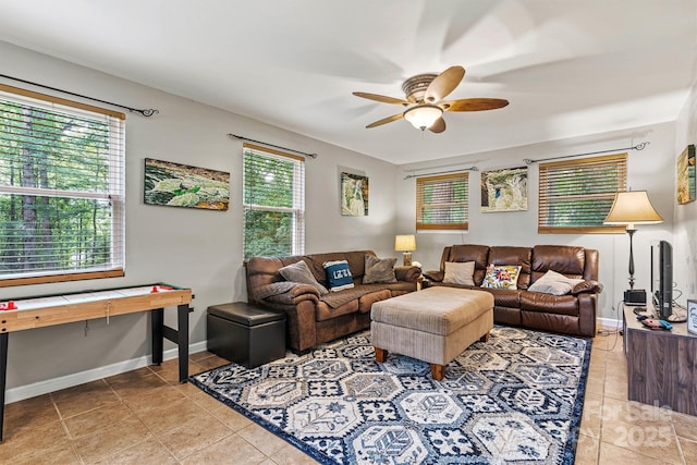 3690 Birchwood Ln, Denver, NC 28037 - living room with a ceiling fan, tile patterned flooring, and baseboards