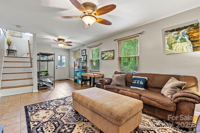 3690 Birchwood Ln, Denver, NC 28037 - living area featuring tile patterned flooring, stairway, a ceiling fan, and baseboards