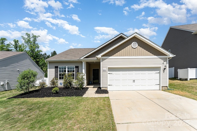 single story home with concrete driveway, an attached garage, board and batten siding, and a front yard