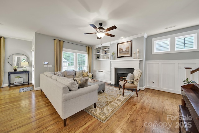 3426 Richards Xing, Fort Mill, SC 29708 - living area with a ceiling fan, a fireplace with flush hearth, and light wood-type flooring