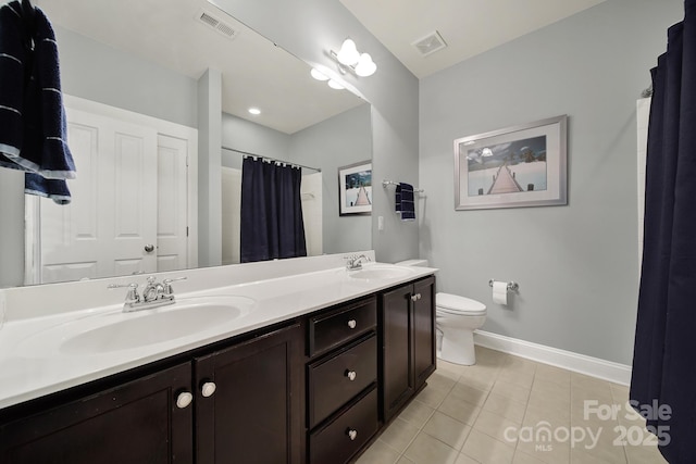 3426 Richards Xing, Fort Mill, SC 29708 - full bathroom with toilet, baseboards, tile patterned floors, double vanity, and a shower with shower curtain