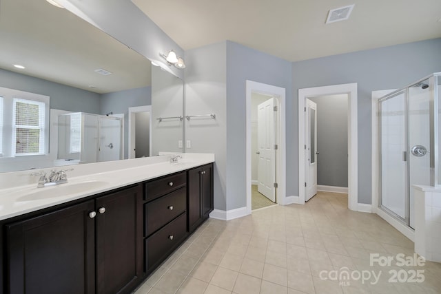 3426 Richards Xing, Fort Mill, SC 29708 - bathroom with a shower stall, double vanity, tile patterned floors, and baseboards