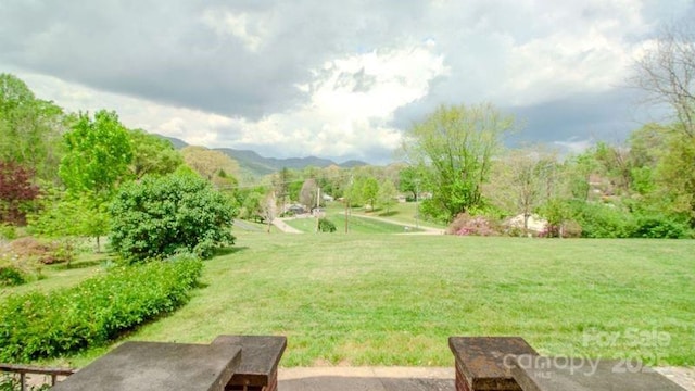 view of community featuring a lawn and a mountain view