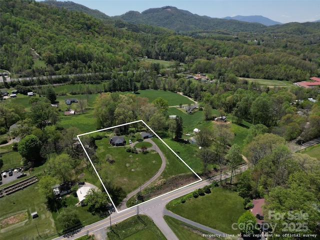 drone / aerial view featuring a view of trees and a mountain view