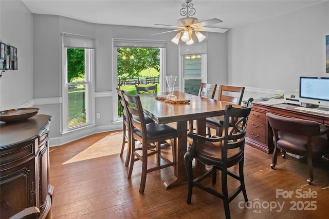 dining room featuring a ceiling fan and wood finished floors