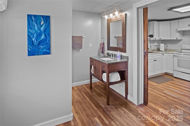 bathroom with wood finished floors, baseboards, and vanity