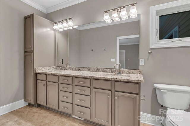 332 E Rebound Rd, Lancaster, SC 29720 - full bath featuring ornamental molding, toilet, baseboards, double vanity, and tile patterned flooring