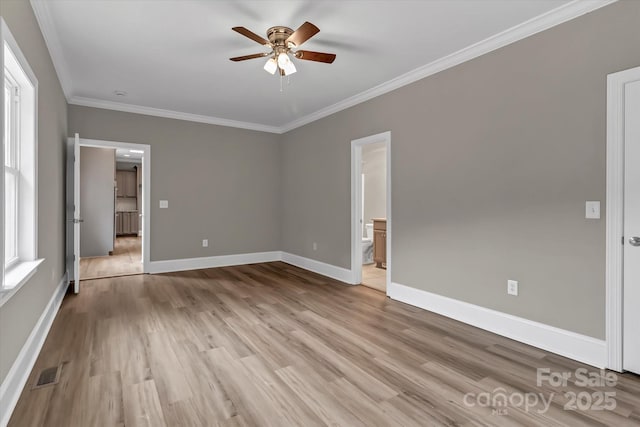 332 E Rebound Rd, Lancaster, SC 29720 - unfurnished bedroom with crown molding, light wood-type flooring, baseboards, connected bathroom, and ceiling fan