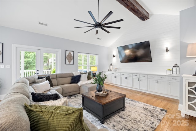 184 Quiet Cove Rd, Mooresville, NC 28117 - living room featuring a ceiling fan, light wood-type flooring, and french doors