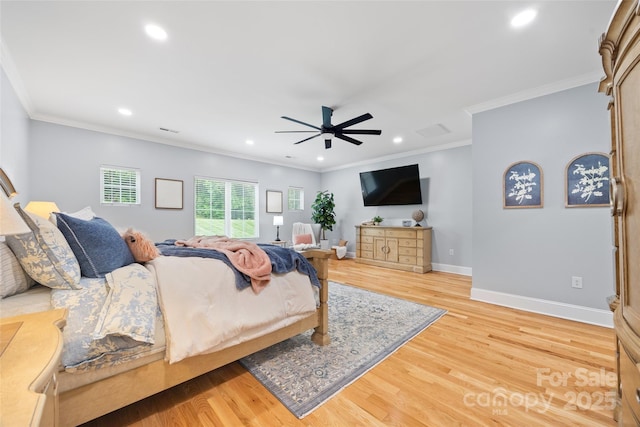184 Quiet Cove Rd, Mooresville, NC 28117 - bedroom featuring baseboards, light wood-style flooring, recessed lighting, ornamental molding, and a ceiling fan