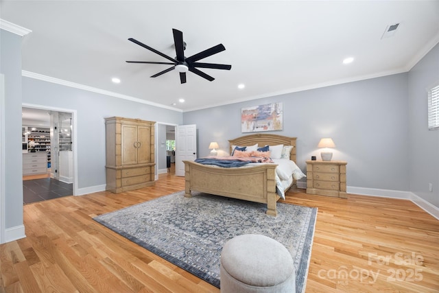 184 Quiet Cove Rd, Mooresville, NC 28117 - bedroom with baseboards, crown molding, recessed lighting, wood finished floors, and a ceiling fan