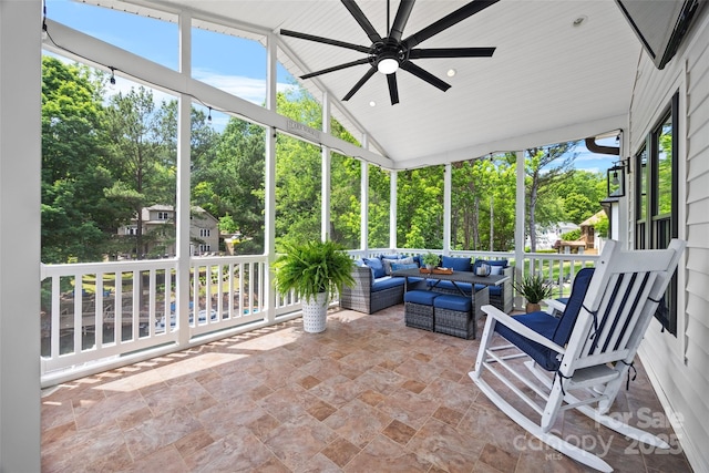 184 Quiet Cove Rd, Mooresville, NC 28117 - sunroom featuring an outdoor living space, ceiling fan, healthy amount of natural light, and lofted ceiling