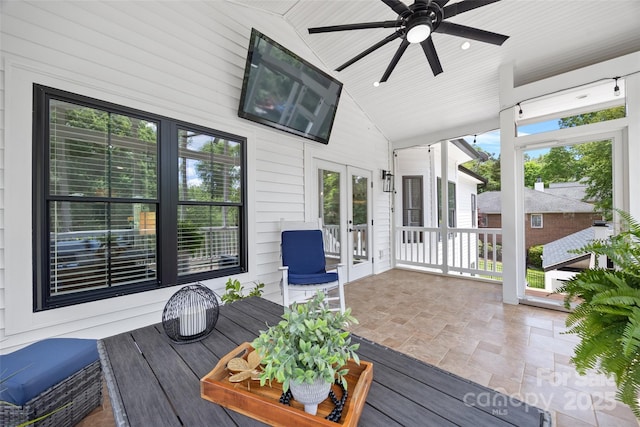 184 Quiet Cove Rd, Mooresville, NC 28117 - sunroom with french doors, lofted ceiling, a ceiling fan, and healthy amount of natural light