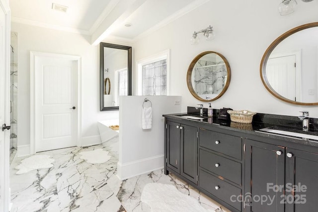 46827 Tall Whit Rd, New London, NC 28127 - full bathroom with baseboards, marble finish floor, ornamental molding, visible vents, and a sink