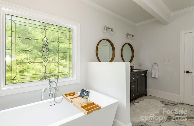 46827 Tall Whit Rd, New London, NC 28127 - bathroom with vanity, crown molding, a freestanding bath, and marble finish floor