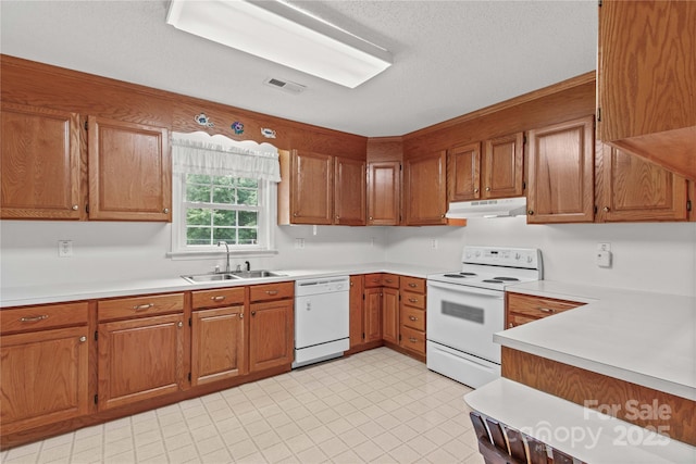 115 Three Oaks Ln, Statesville, NC 28677 - kitchen with white appliances, a sink, under cabinet range hood, brown cabinetry, and light countertops
