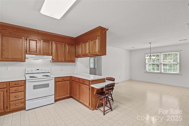 115 Three Oaks Ln, Statesville, NC 28677 - kitchen featuring white electric range, under cabinet range hood, light countertops, a peninsula, and brown cabinets