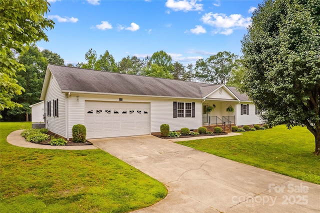 115 Three Oaks Ln, Statesville, NC 28677 - single story home featuring an attached garage, concrete driveway, a front lawn, a shingled roof, and crawl space
