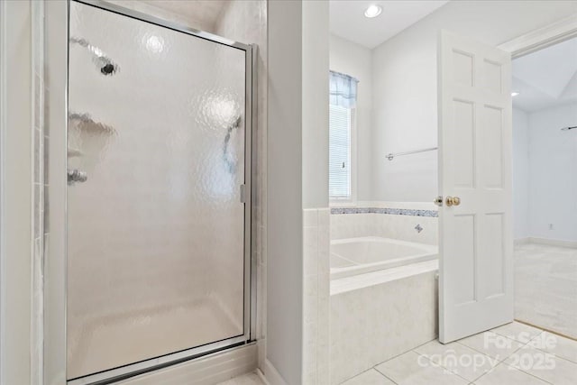 600 Robinhood Dr, Cheraw, SC 29520 - bathroom with a stall shower, tile patterned flooring, recessed lighting, and a bath
