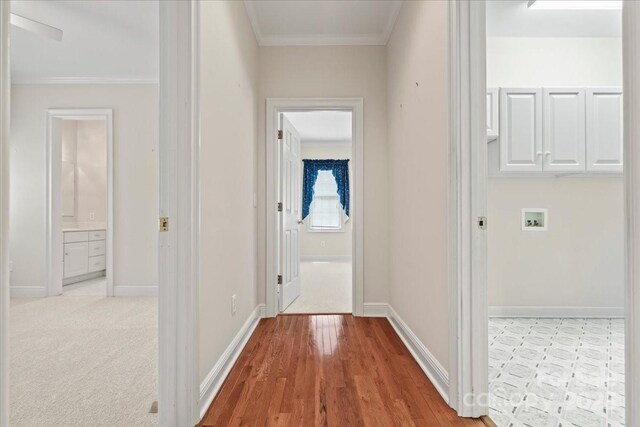600 Robinhood Dr, Cheraw, SC 29520 - hall with baseboards, crown molding, and wood finished floors