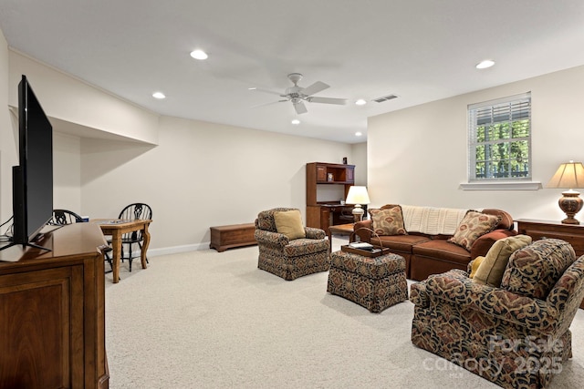216 Cold Stream Way, Hendersonville, NC 28791 - living area with carpet flooring, a ceiling fan, visible vents, and recessed lighting