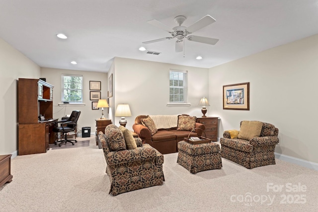 216 Cold Stream Way, Hendersonville, NC 28791 - living room featuring recessed lighting, carpet, baseboards, ceiling fan, and visible vents