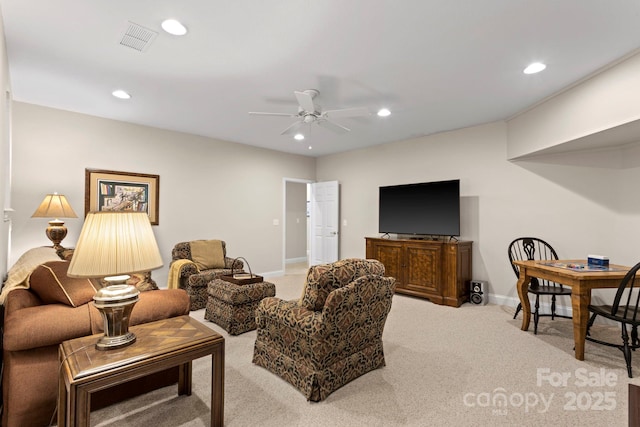 216 Cold Stream Way, Hendersonville, NC 28791 - living room with visible vents, carpet floors, ceiling fan, and recessed lighting