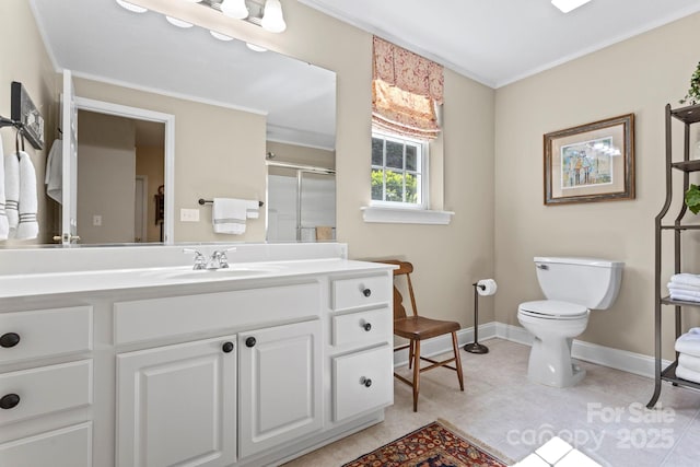216 Cold Stream Way, Hendersonville, NC 28791 - full bath with toilet, vanity, ornamental molding, a stall shower, and baseboards