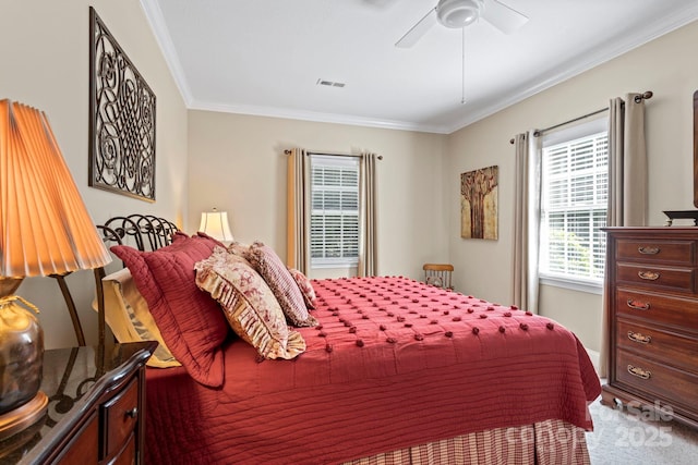 216 Cold Stream Way, Hendersonville, NC 28791 - bedroom with ceiling fan, ornamental molding, visible vents, and light colored carpet