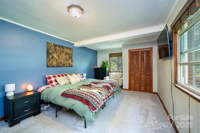 carpeted bedroom with a closet and baseboards