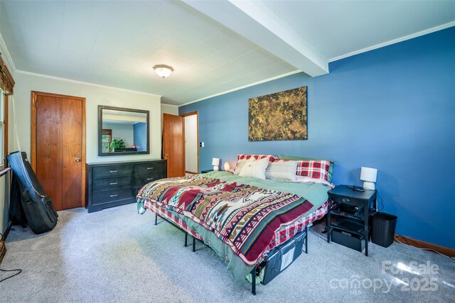 bedroom featuring carpet and ornamental molding