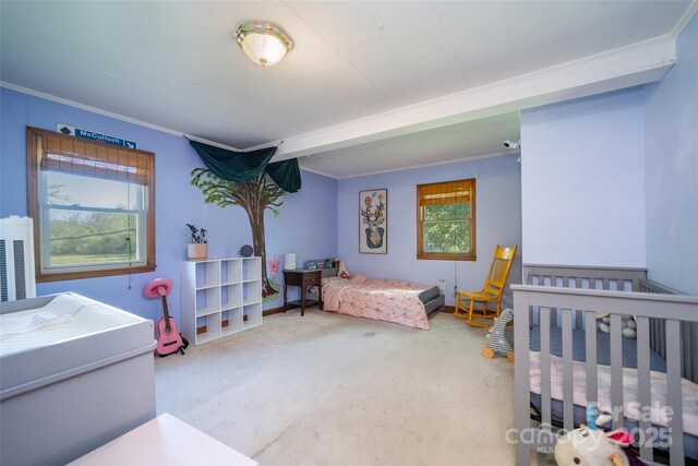 carpeted bedroom featuring crown molding