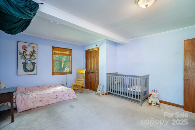 carpeted bedroom with crown molding