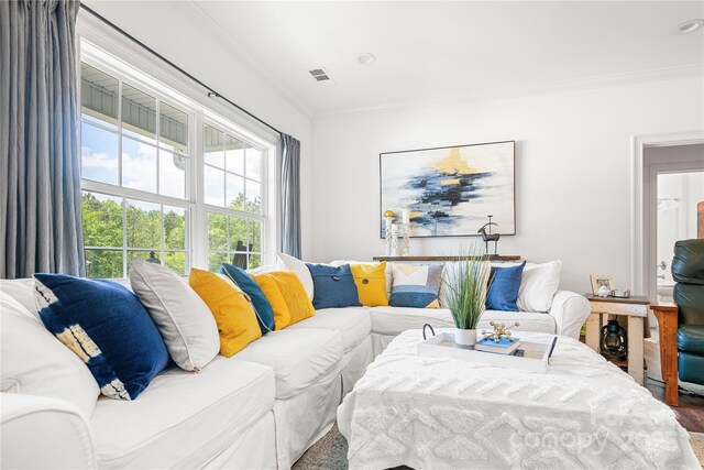 living area featuring crown molding and wood finished floors