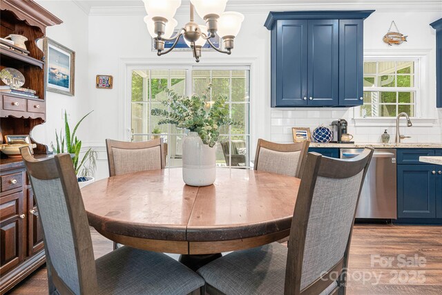 dining room with a chandelier, ornamental molding, wood finished floors, and healthy amount of natural light
