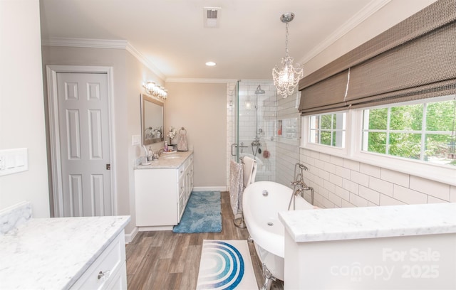 bathroom featuring visible vents, a shower stall, vanity, crown molding, and wood finished floors