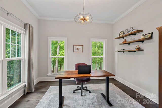 112 Nautilus Ct, Troutman, NC 28166 - office space with plenty of natural light, crown molding, baseboards, a chandelier, and dark wood-style flooring