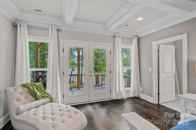 112 Nautilus Ct, Troutman, NC 28166 - doorway featuring french doors, plenty of natural light, wood finished floors, ornamental molding, and coffered ceiling